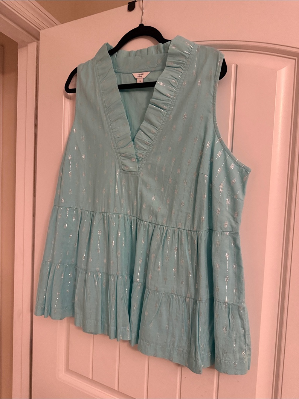 crown & ivy Light Aqua Sleeveless Ruffled V-Neck Peplum Top